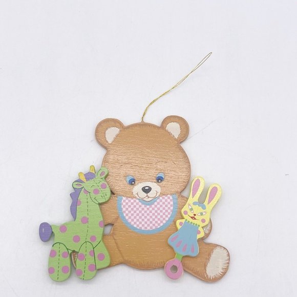 Vintage Wooden Teddy Bear Oranament Holding Rattle Horse Pastel Colors 4" Taiwan - Picture 2 of 8